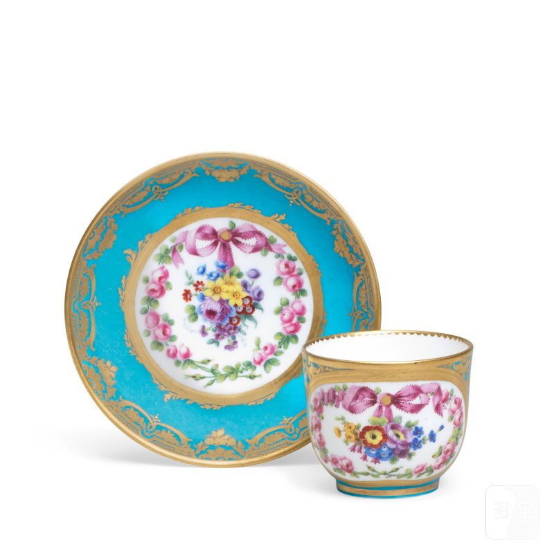 A Sèvres bleu-céleste ground cup and saucer (gobelet Bouillard et soucoupe), dated 1776